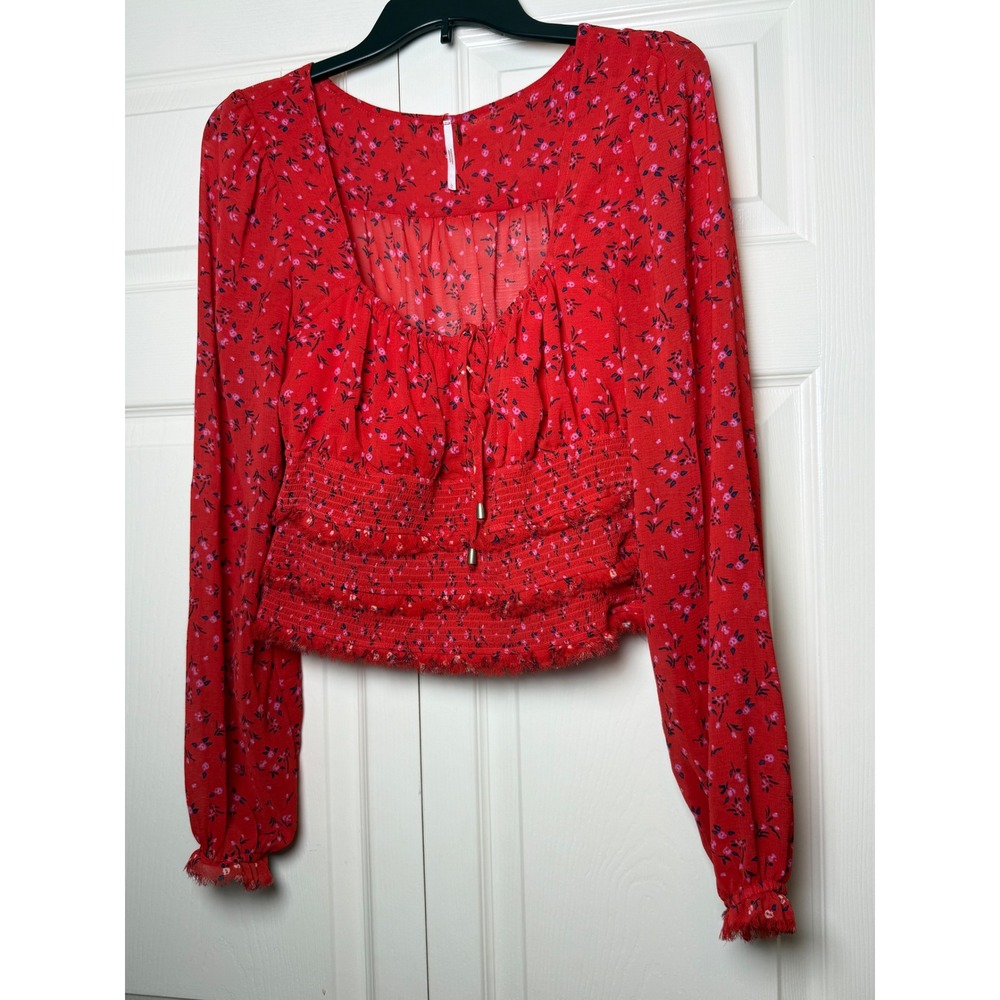 Free People Red Floral Smocked Lace Up Long Sleeve‎ Crop Top Blouse Womens Large